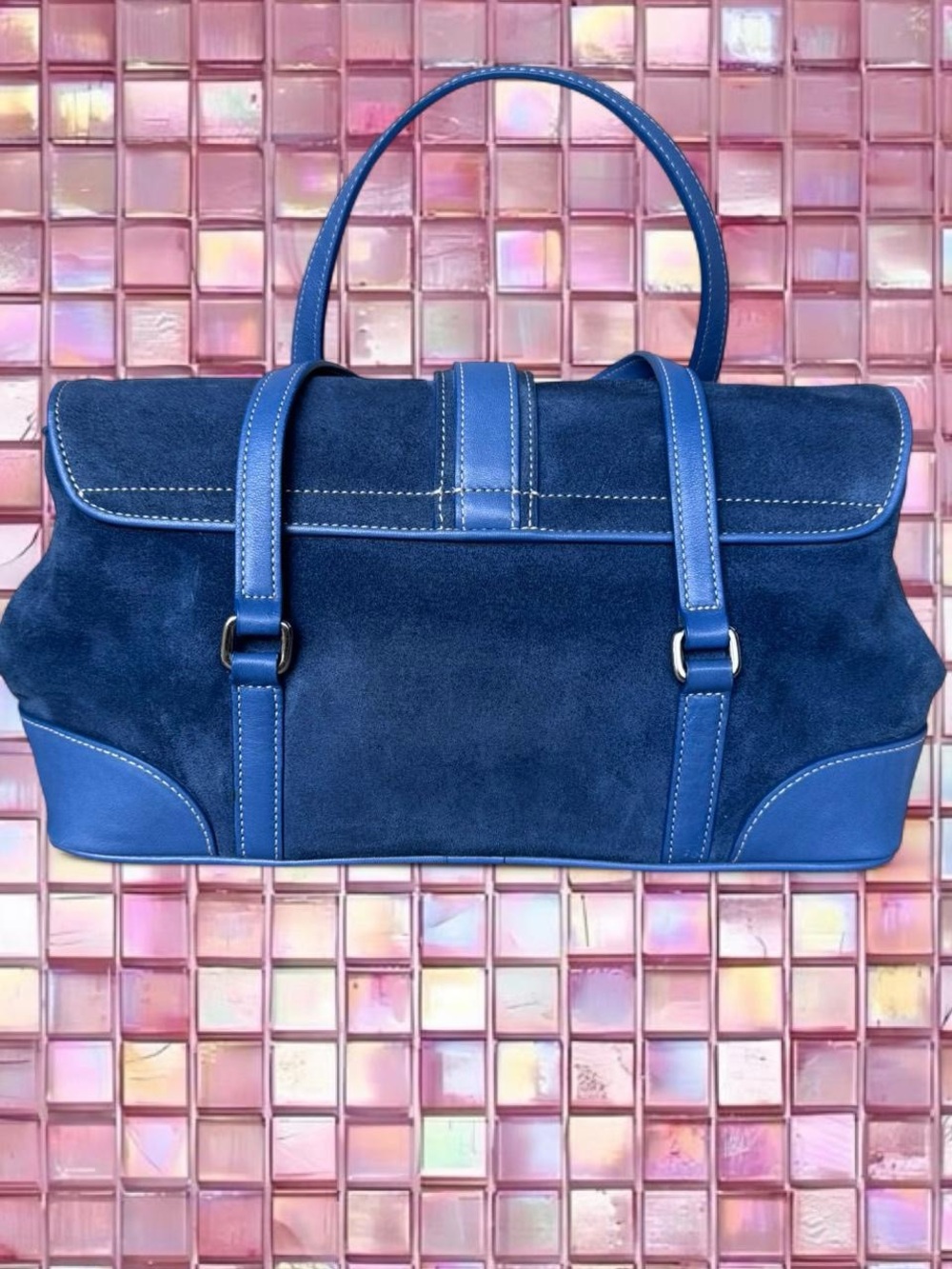 Classic Blue Suede Satchel Handbag - Picture 4 of 6